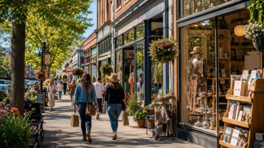Charming downtown shopping stroll on a sunny day