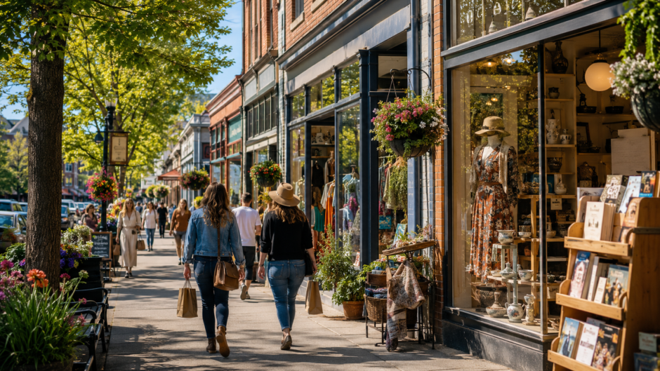 Charming downtown shopping stroll on a sunny day